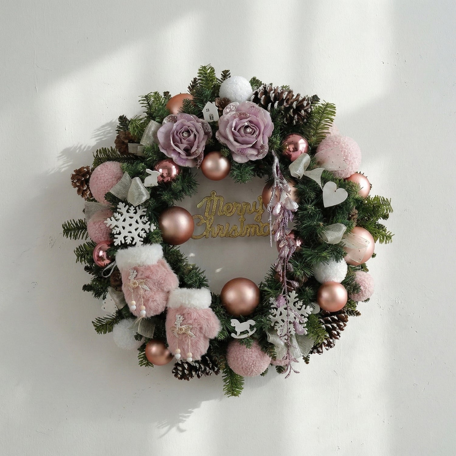 24 Inches Blush Pink Christmas Wreath with Roses, Soft Baubles and Snow Details