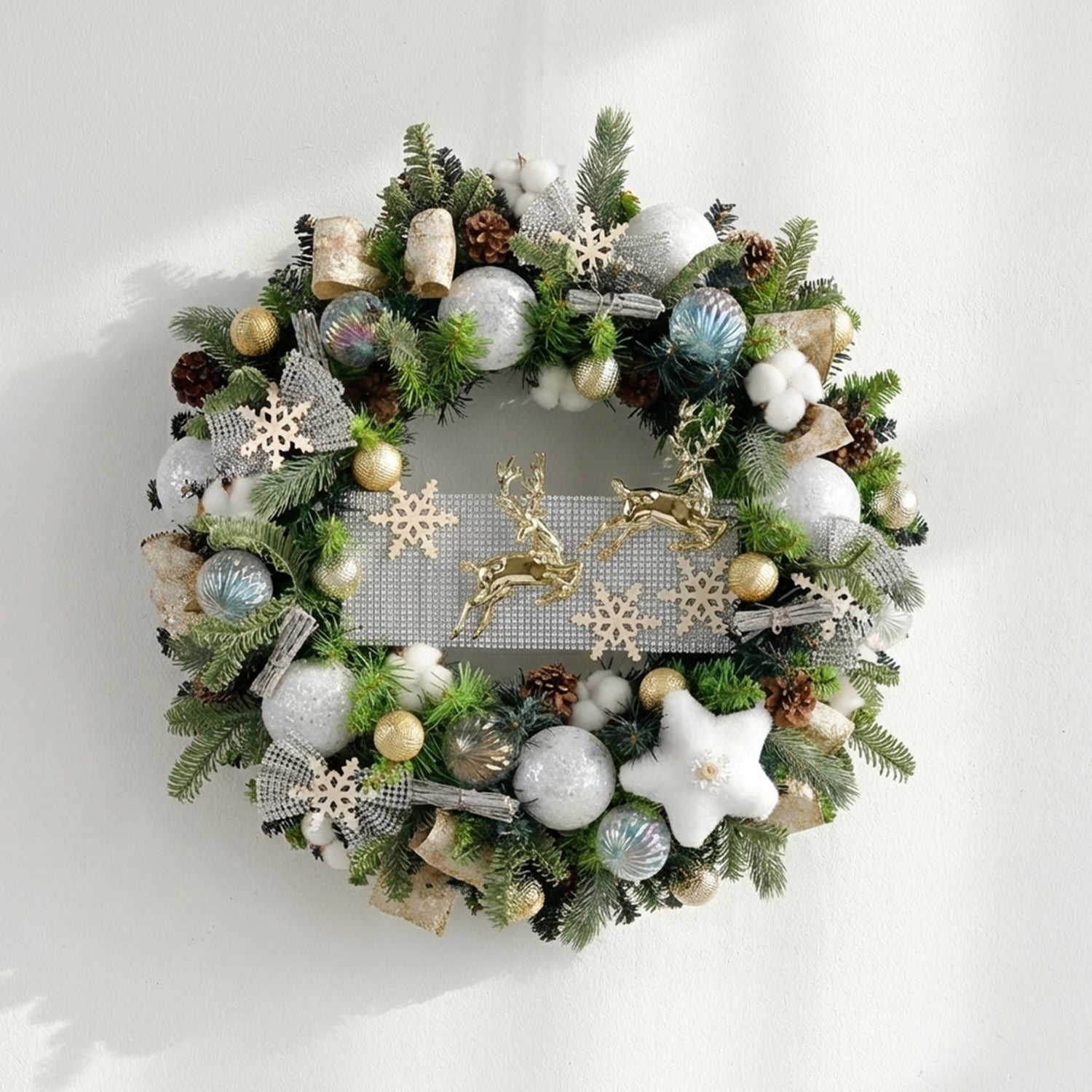 24 Inches Winter White Christmas Wreath with Snowflakes, Silver Ornaments and Greenery