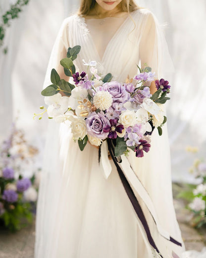 This is a bridal bouquet consisting of roses, morning thistles and other fresh flowers. The bouquets are white and pink and decorated with ribbons and garlands. Bouquets are perfect for brides looking for an elegant and romantic accessory.