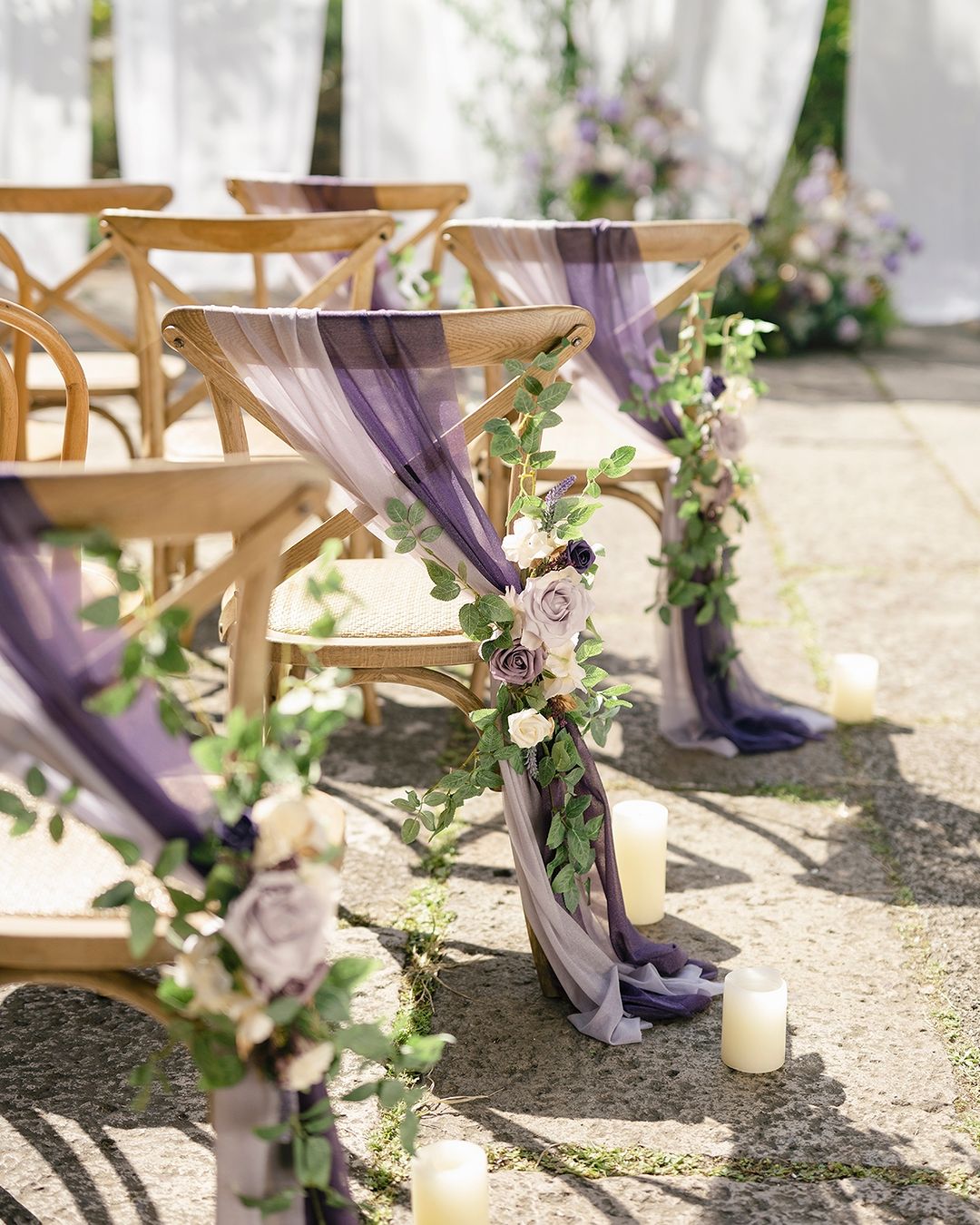 This Rose Morning Amethyst Wedding Chair Wreath is the perfect addition to your wedding venue. Made of soft roses, amethyst and green leaves, it will add elegance and romance to your venue. Garlands are easy to install and can be used on any chair. It is the perfect touch for your wedding and will wow your guests.