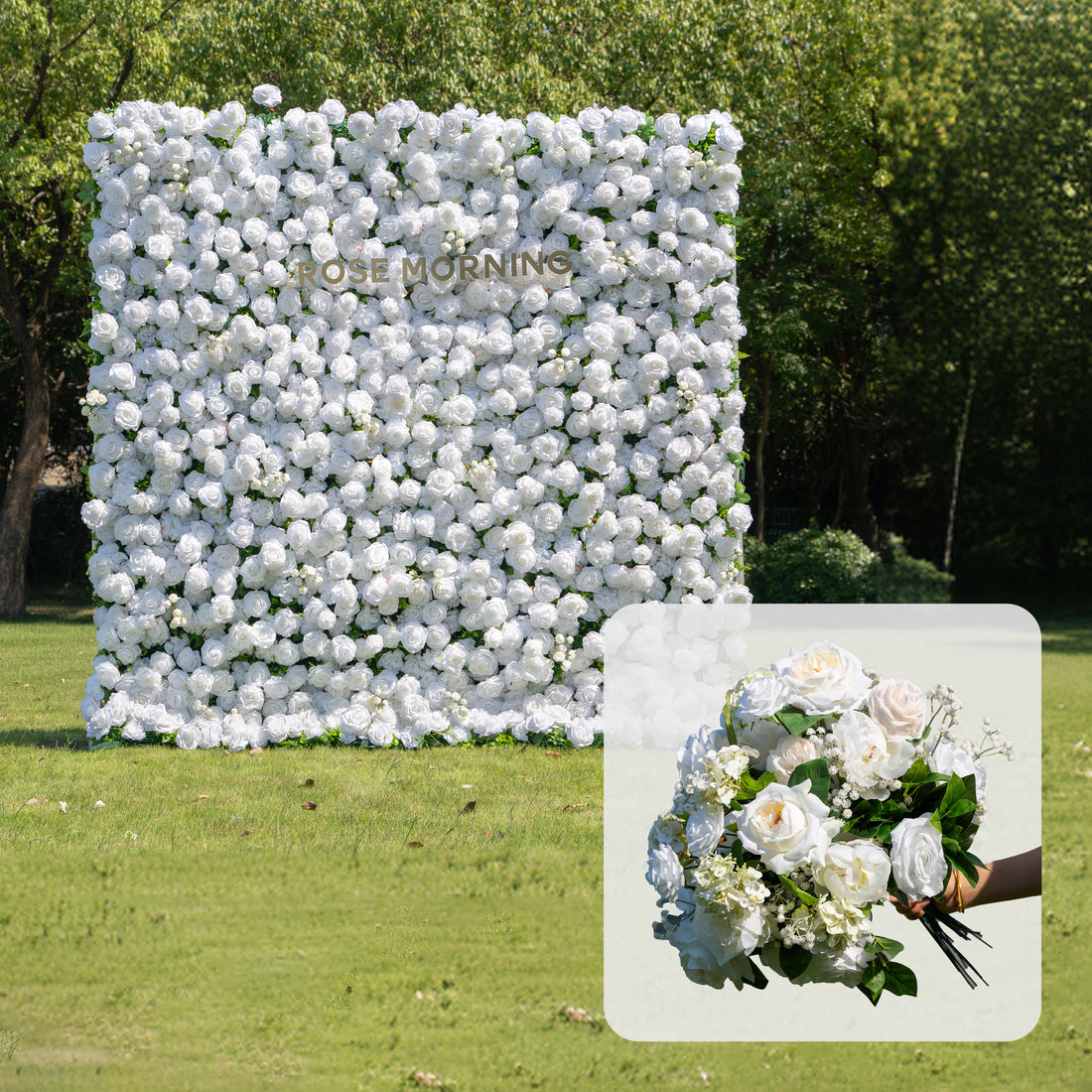 CP05: One Fabric Backdrop Artificial rolling up flower wall+100 Loose Flowers  (White)