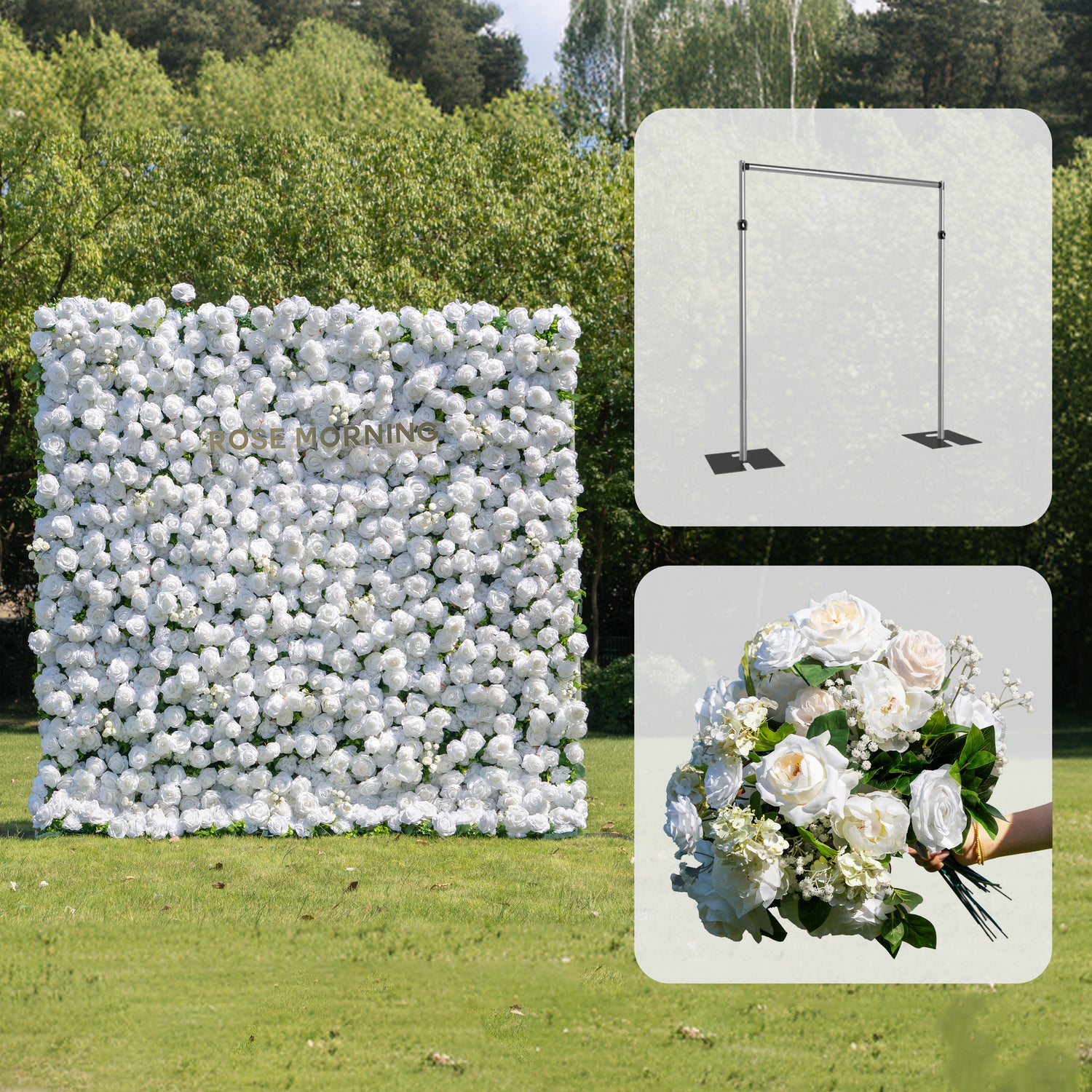 CP10: One Fabric Backdrop Artificial rolling up flower wall+100 Loose Flowers (White)+1 Flower Wall Stand