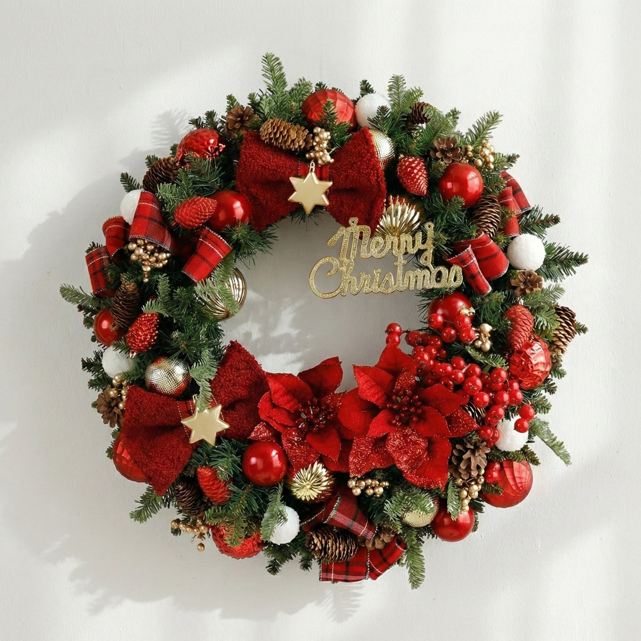 24 Inches Scandinavian Red Christmas Wreath with Poinsettias and Berry Accents