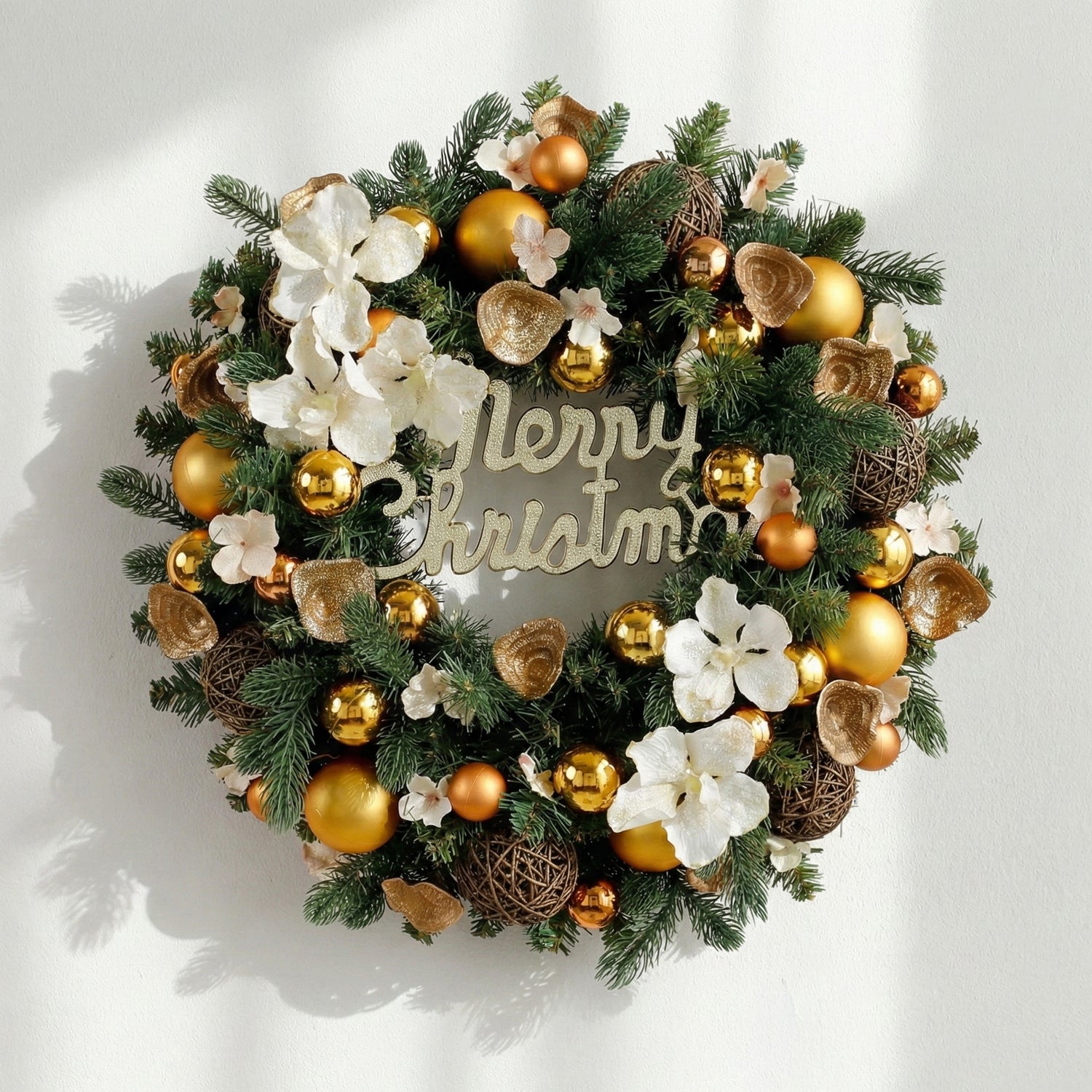 18 Inches Luxury Gold Christmas Wreath with White Flowers and Decorative Ornaments