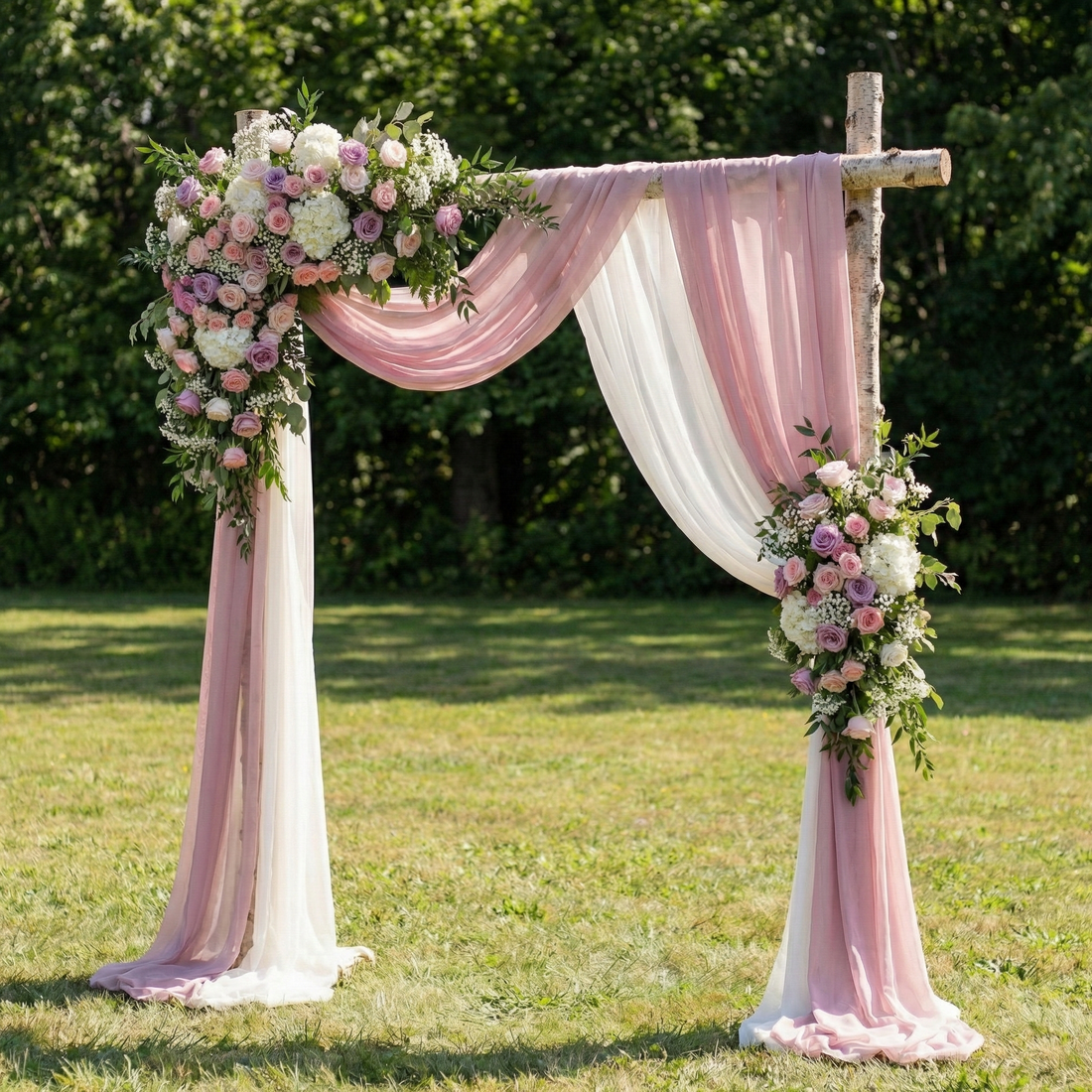 Romantic Dusty Rose and Mauve Wedding Arch Flowers with Chiffon Drapes Kit for Garden Ceremony Backdrop