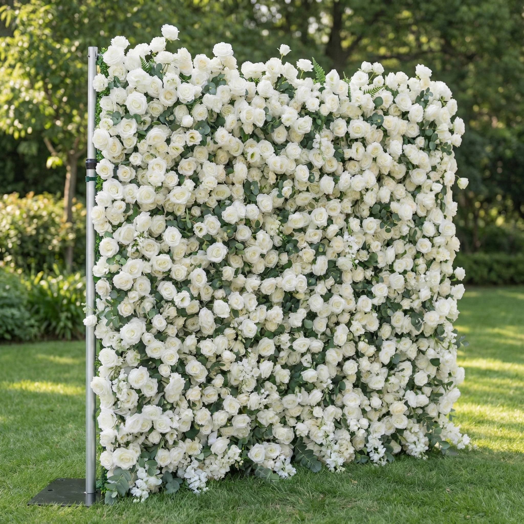 Sylas: 5D Luxury White Rose &amp; Forest Foliage Silk Floral Wall Roll-Up Fabric Backdrop for Elegant Garden Weddings &amp; Receptions