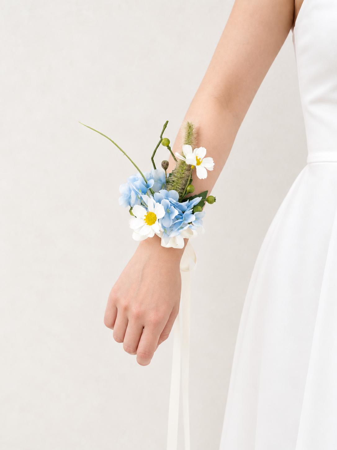 Elegant 3.5-Inch Hydrangea Daisy Larkspur Wrist Corsage for Wedding Ceremony and Bridal Party in Powder Blue Meadow | Cora(Set of 6)