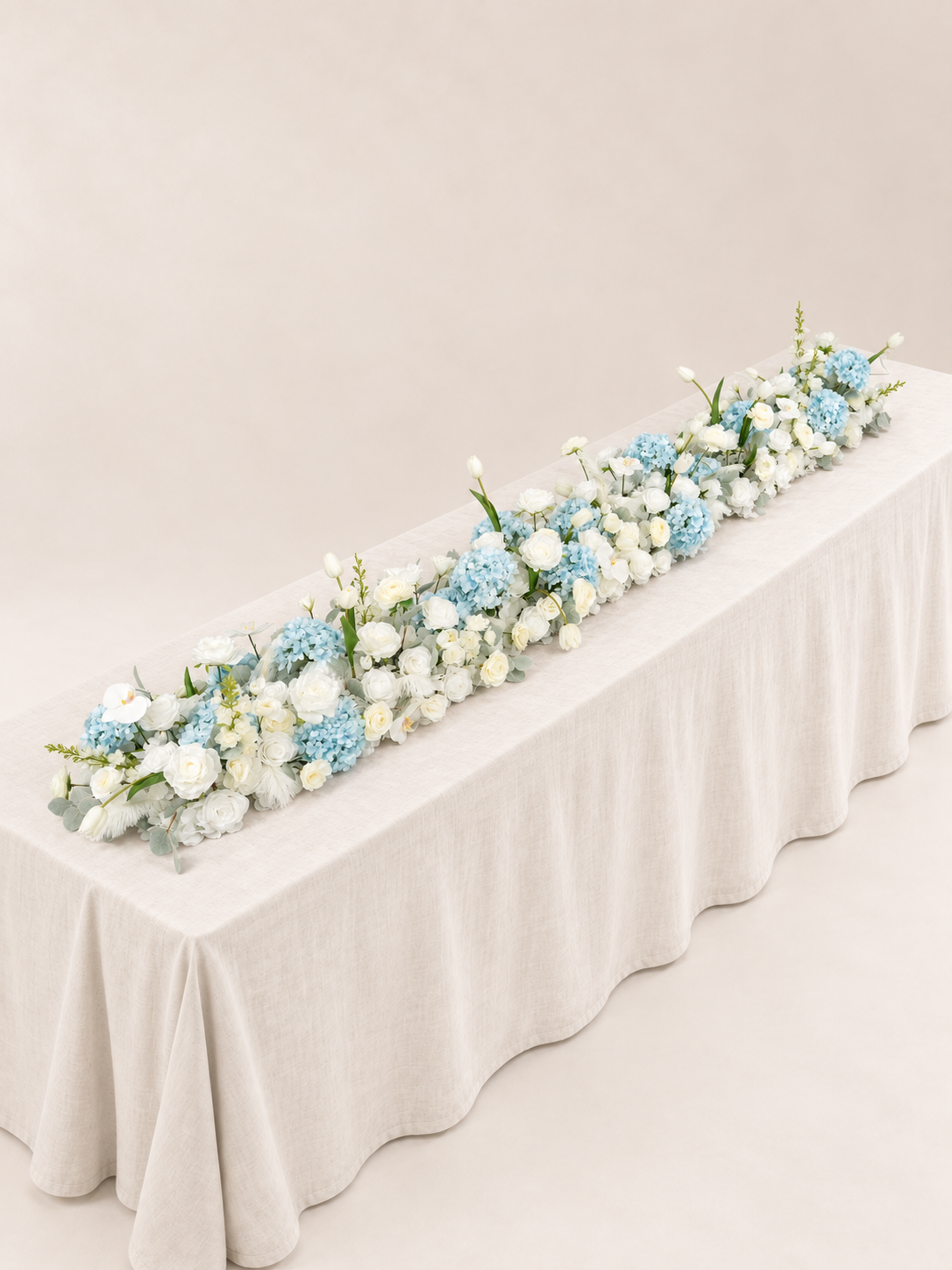 8′10″ Blue Hydrangea, Tulips &amp; Ranunculus Long Table Centerpiece for Wedding Reception and Tablescape Decor in Baby Blue &amp; Ivory | Serena