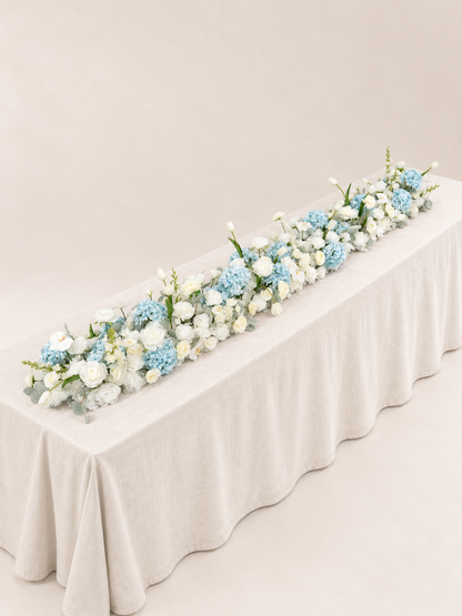 8′10″ Blue Hydrangea, Tulips &amp; Ranunculus Long Table Centerpiece for Wedding Reception and Tablescape Decor in Baby Blue &amp; Ivory | Serena