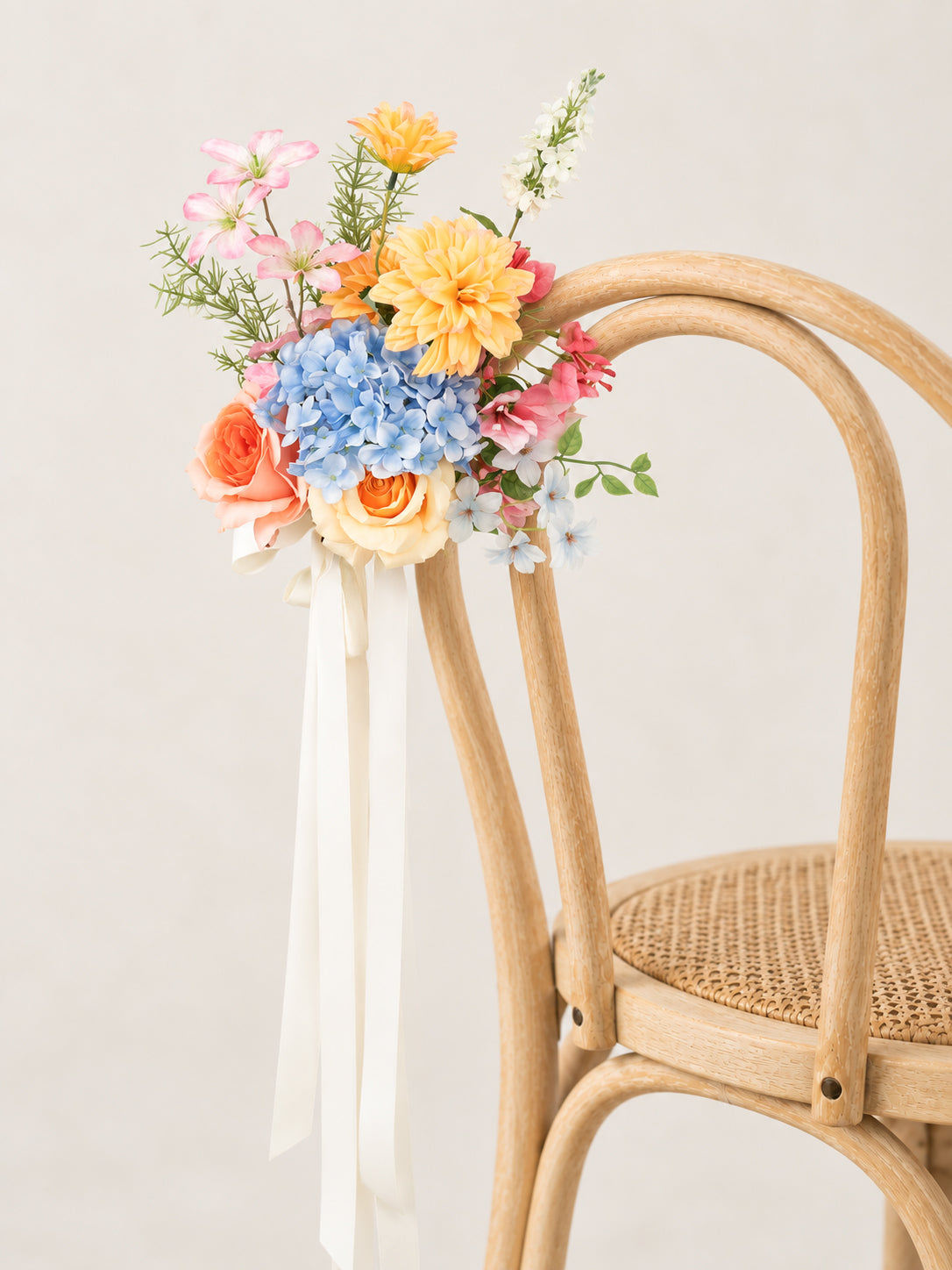 17.7″ Airy Hydrangeas, Dahlias &amp; Garden Roses Chair Flower for Wedding Ceremony and Reception in Coral &amp; Pink | Grace(Set of 2)