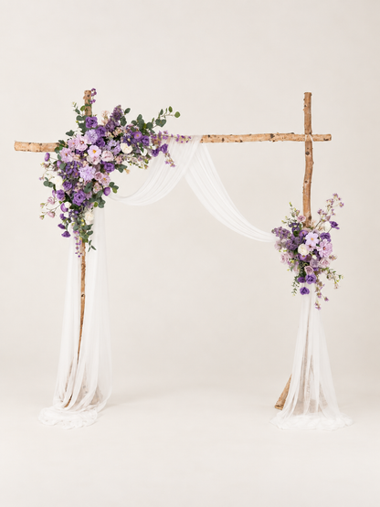 Violet Garden Rpses Lilac Clematis Parvi Floral Arch with Draping for Wedding Ceremony &amp; Reception Backdrop in Violet Garden | Greta