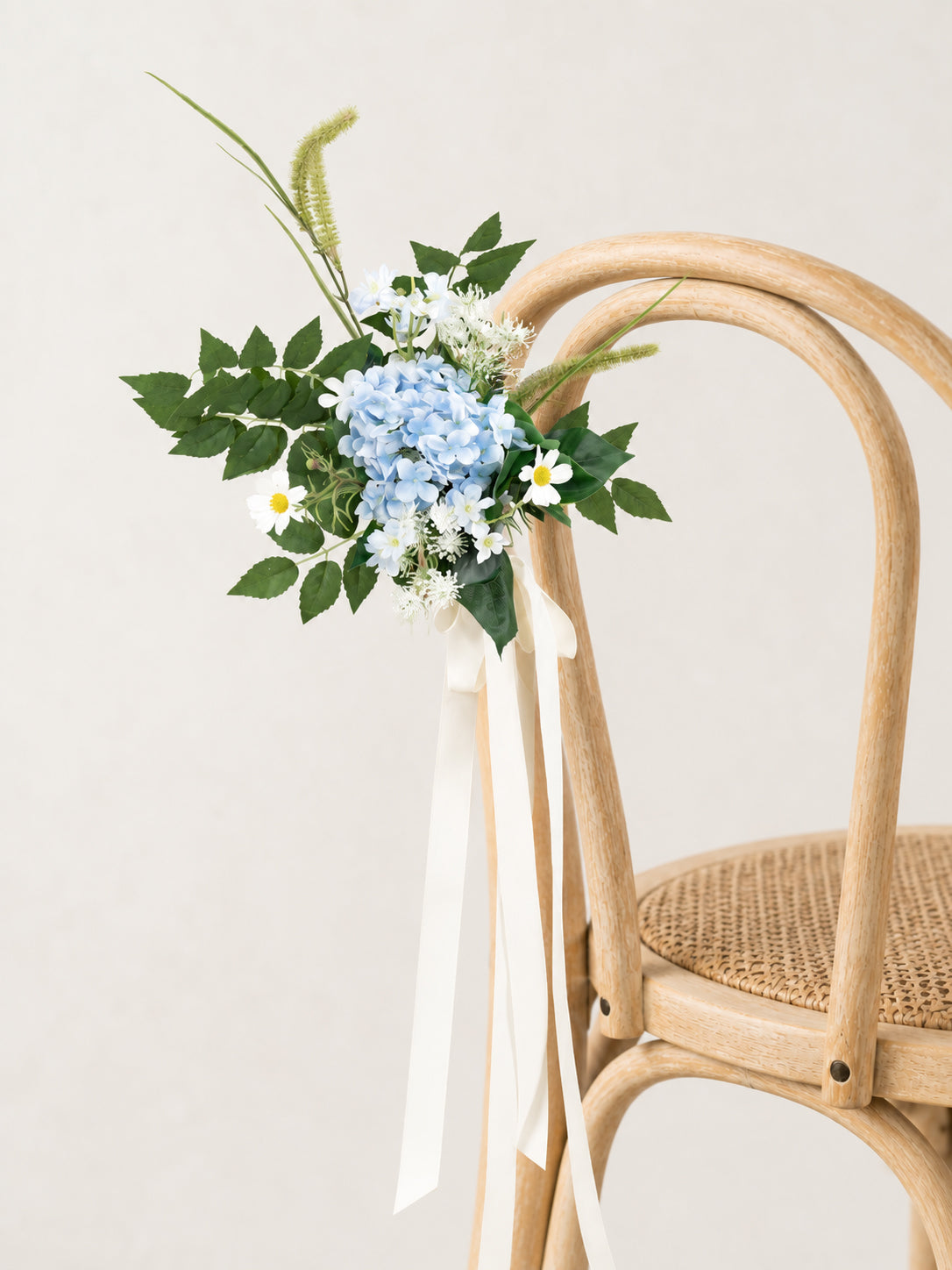 17.7-Inch Hydrangea Greenery Bristlegrass Chair Flower for Wedding Ceremony and Reception in Powder Blue Meadow | Cora (Set of 2)