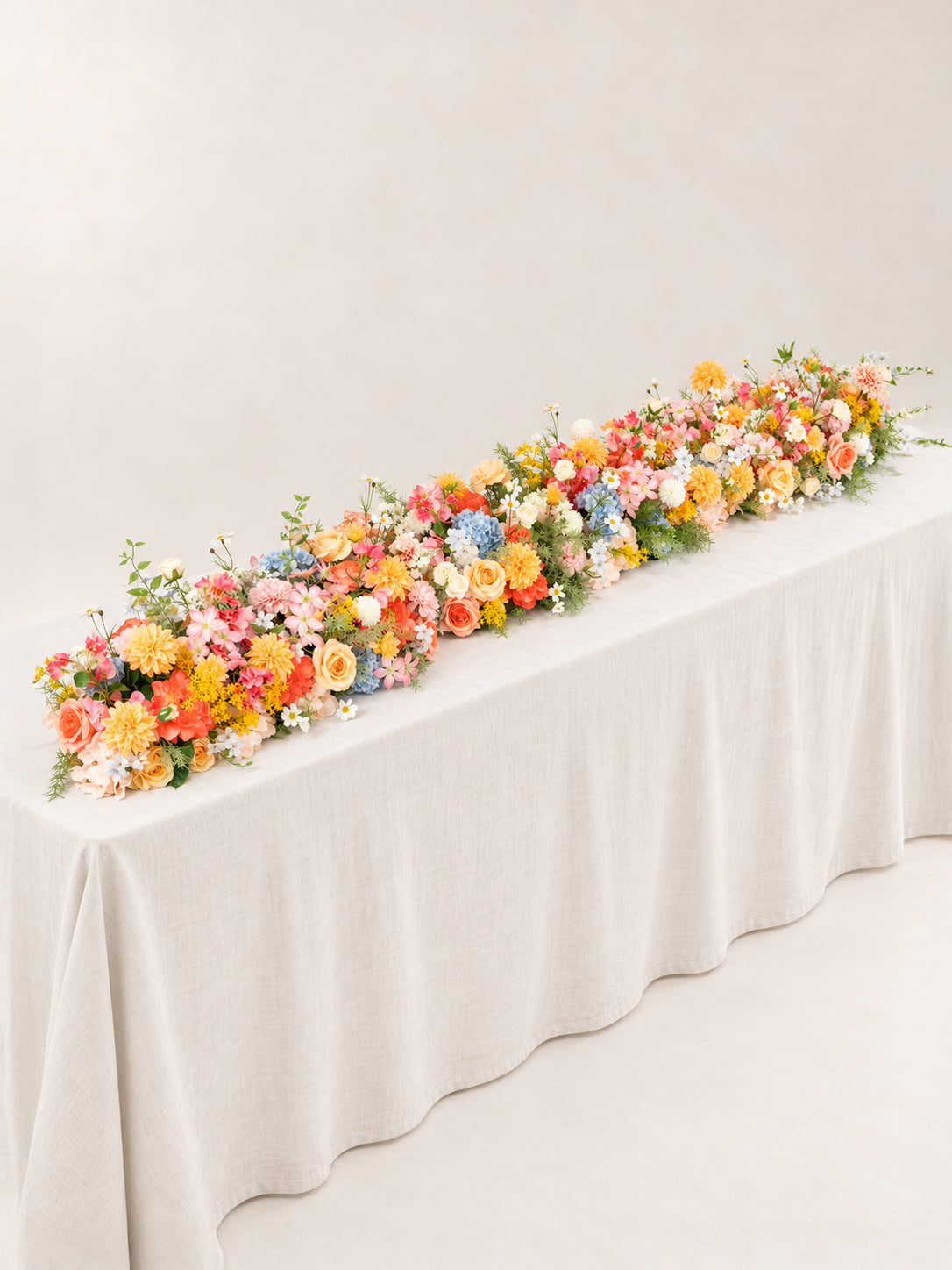 8′10″ Lush Dahlias, Roses, Garden Roses &amp; Hydrangeas Long Table Centerpiece for Wedding Reception and Table Decor in Coral &amp; Pink | Grace
