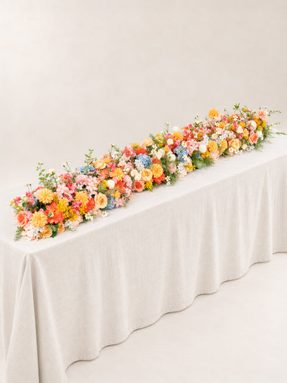 8′10″ Lush Dahlias, Roses, Garden Roses &amp; Hydrangeas Long Table Centerpiece for Wedding Reception and Table Decor in Coral &amp; Pink | Grace