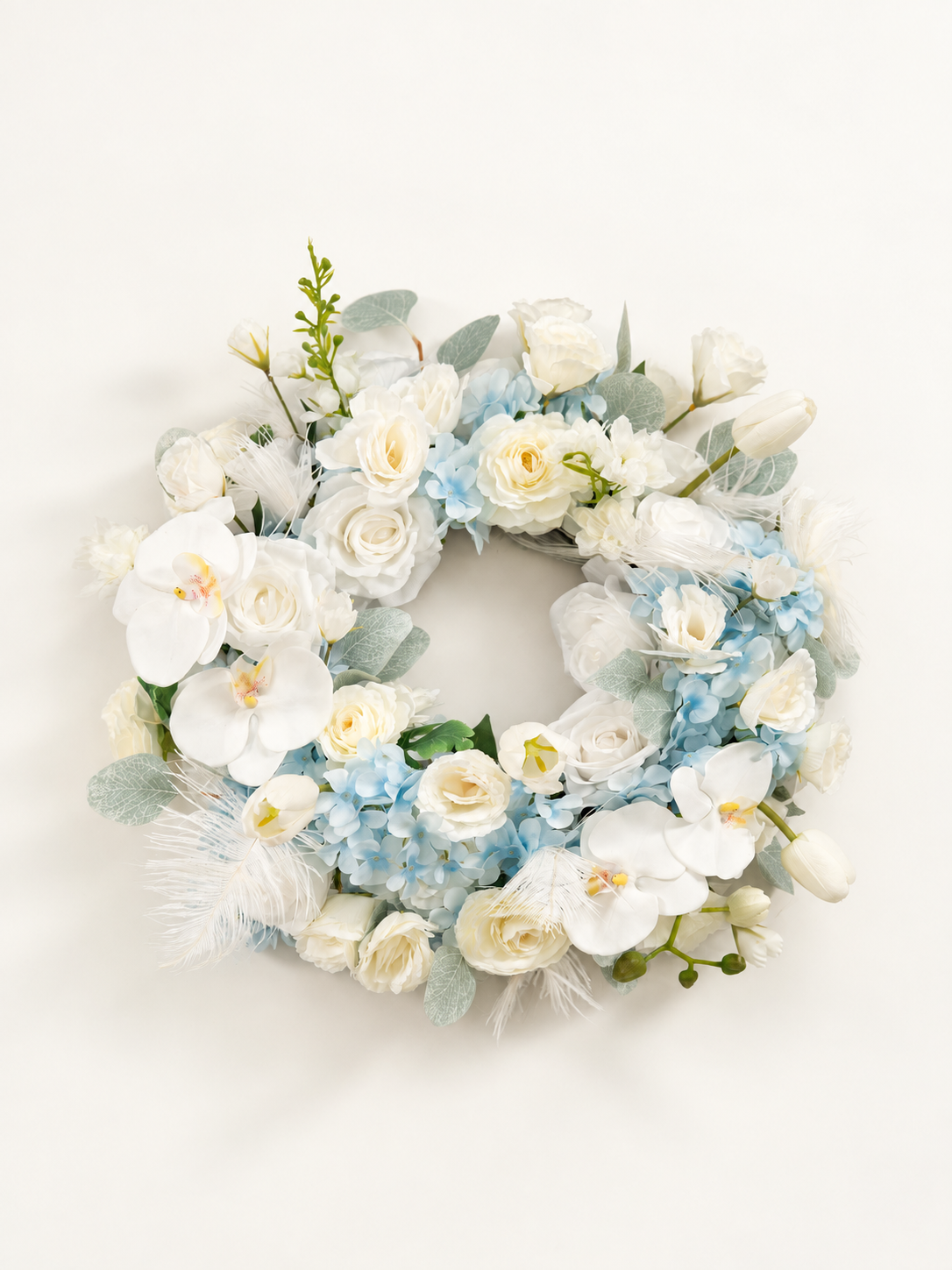 23.6 inch Elegant Ranunculus, Hydrangea, Tulips &amp; Feathers Wreath for Wedding or Home Door Decor in Baby Blue &amp; Ivory | Serena