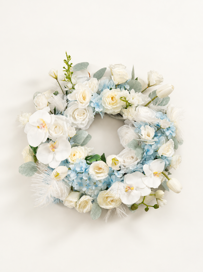 23.6 inch Elegant Ranunculus, Hydrangea, Tulips &amp; Feathers Wreath for Wedding or Home Door Decor in Baby Blue &amp; Ivory | Serena