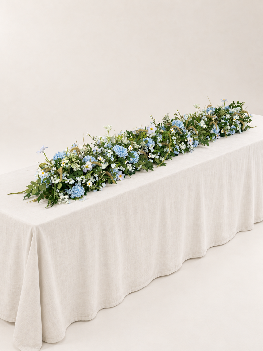 8′10″Hydrangea Tulips Larkspur Ammi magus  Floral Table Centerpiece for Wedding Reception in Powder Blue Meadow | Cora