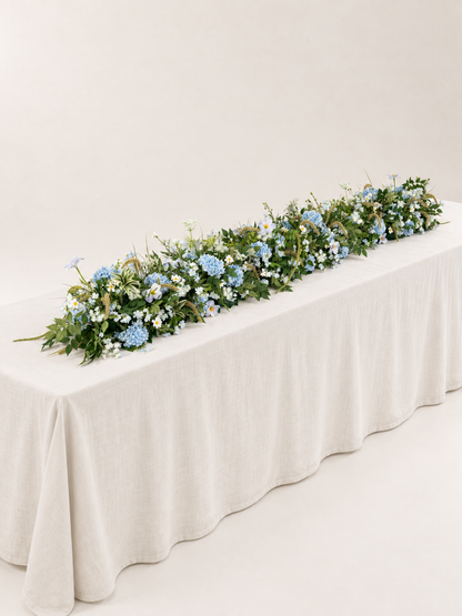 8′10″Hydrangea Tulips Larkspur Ammi magus  Floral Table Centerpiece for Wedding Reception in Powder Blue Meadow | Cora