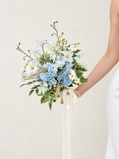 Delicate 13-Inch Round Shape Hydrangea Larkspur Ammi Magus and Wildflower Bridal Bouquet for Wedding Ceremony and Photos in Powder Blue Meadow | Cora