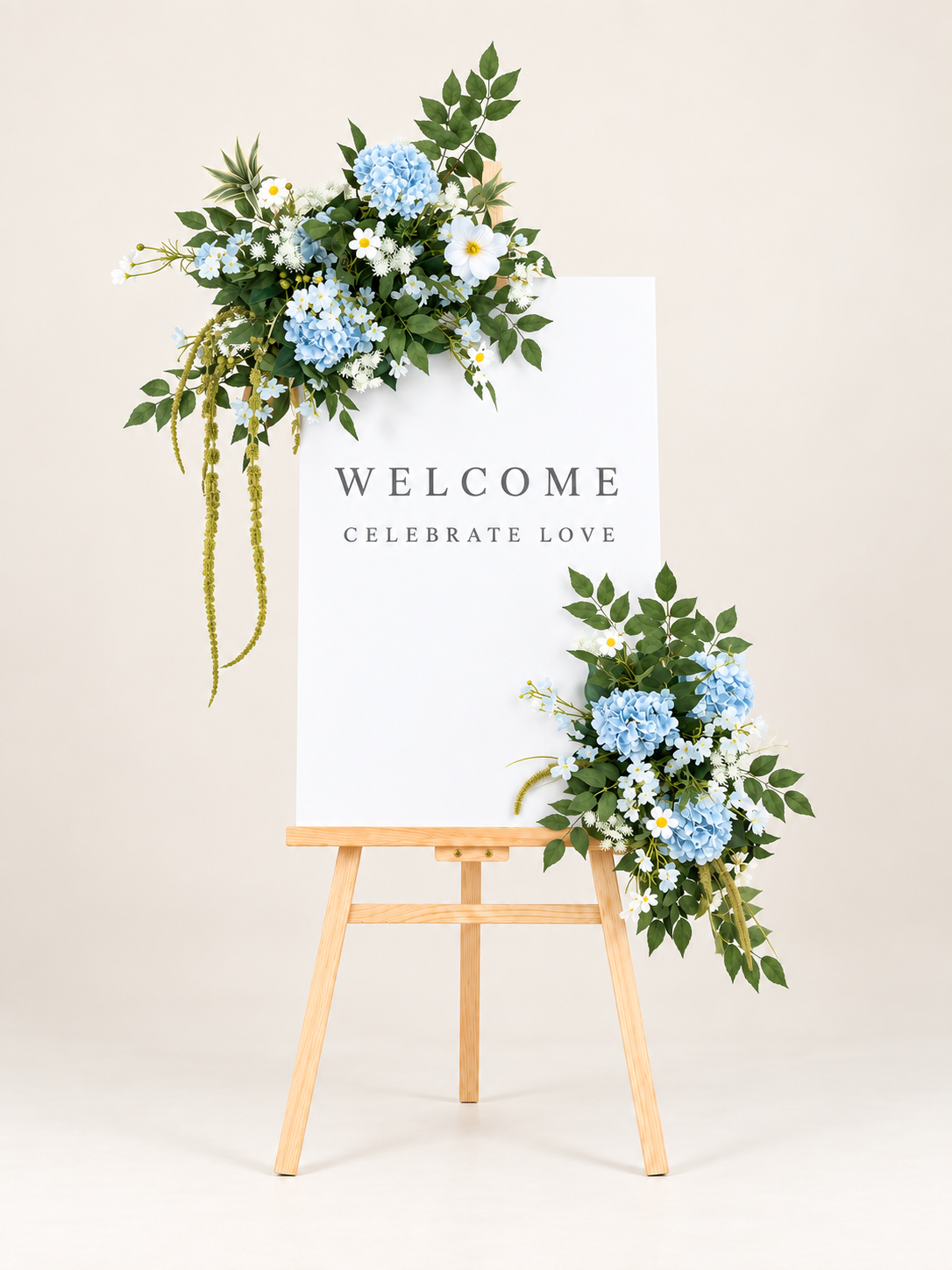 15-Inch Hydrangea Larkspur Daisy Welcome Sign Flower for Welcome Table and Reception in Powder Blue Meadow | Cora