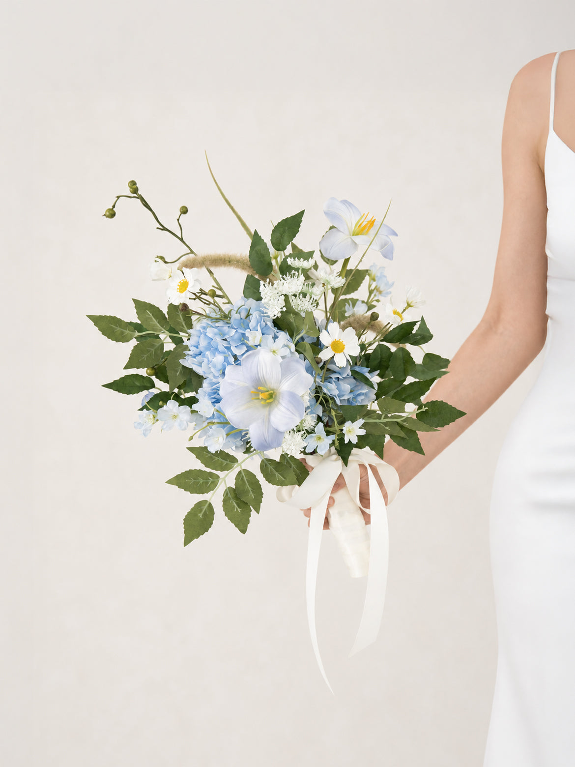 7-Inch Tulips Hydrangea Ammi Magus Hand-Tied Bridesmaids’ Bouquet for Wedding Ceremony and Bridal Party in Powder Blue Meadow | Cora(Set of 2)