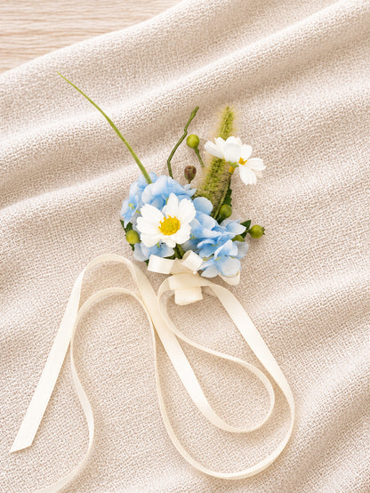 Elegant 3.5-Inch Hydrangea Daisy Larkspur Wrist Corsage for Wedding Ceremony and Bridal Party in Powder Blue Meadow | Cora(Set of 6)