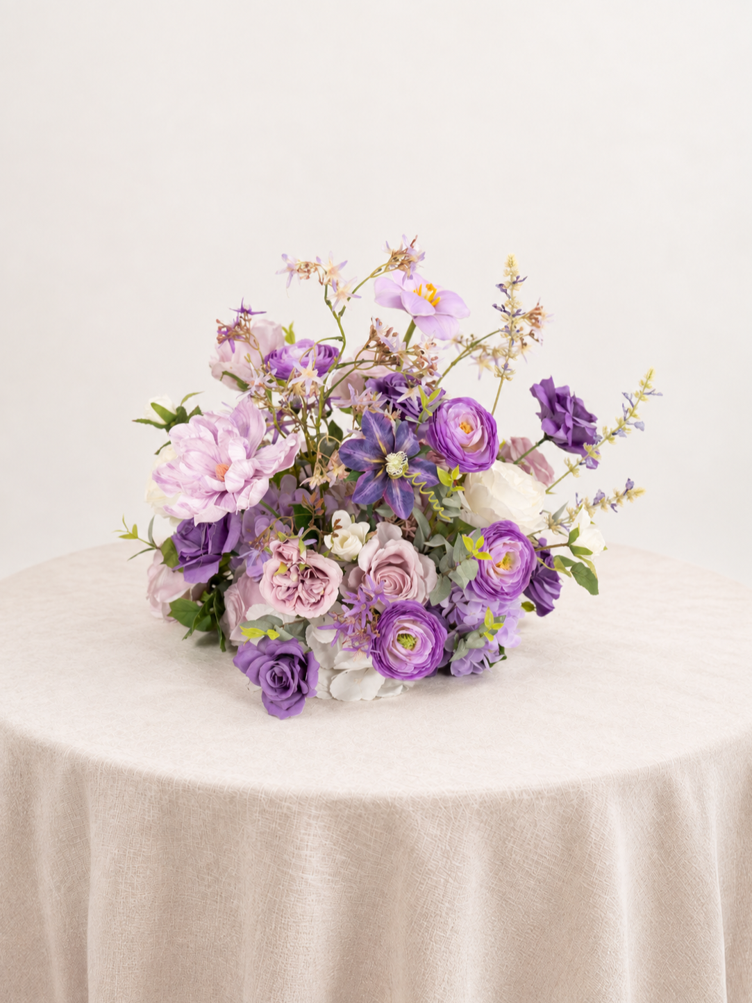 9" Tulips Garden Roses and Ranunculus Small Floral Centerpiece for Wedding Reception Guest Tables in Violet Garden | Greta