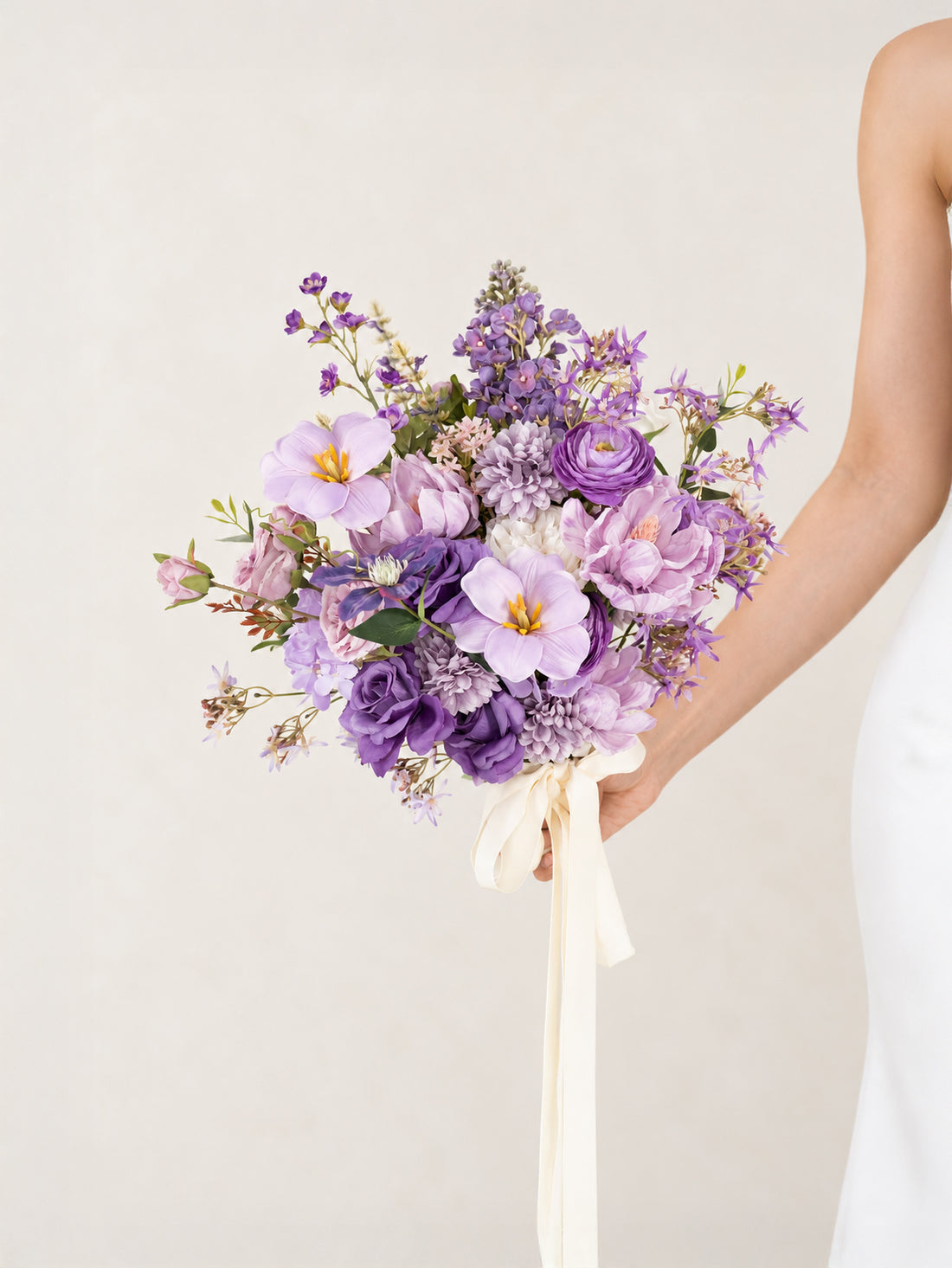 Delicate 13-Inch lilac, garden roses, larkspur parvi / hand-tied Bridal Bouquet for Wedding Ceremony and Photos in Violet Garden | Greta