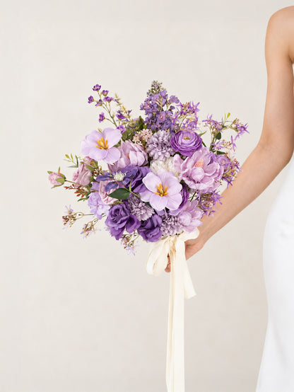 Delicate 13-Inch lilac, garden roses, larkspur parvi / hand-tied Bridal Bouquet for Wedding Ceremony and Photos in Violet Garden | Greta