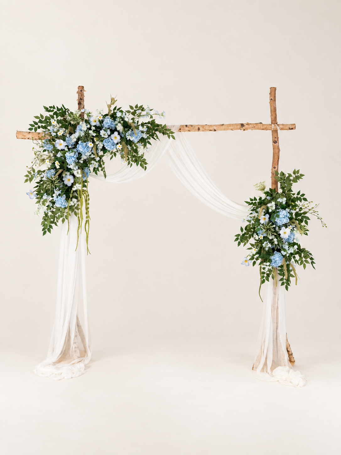 Middle Hydrangea Daisy Larkspur Greenery Floral Arch with Draping for Wedding Ceremony &amp; Reception Backdrop in Powder Blue Meadow | Cora