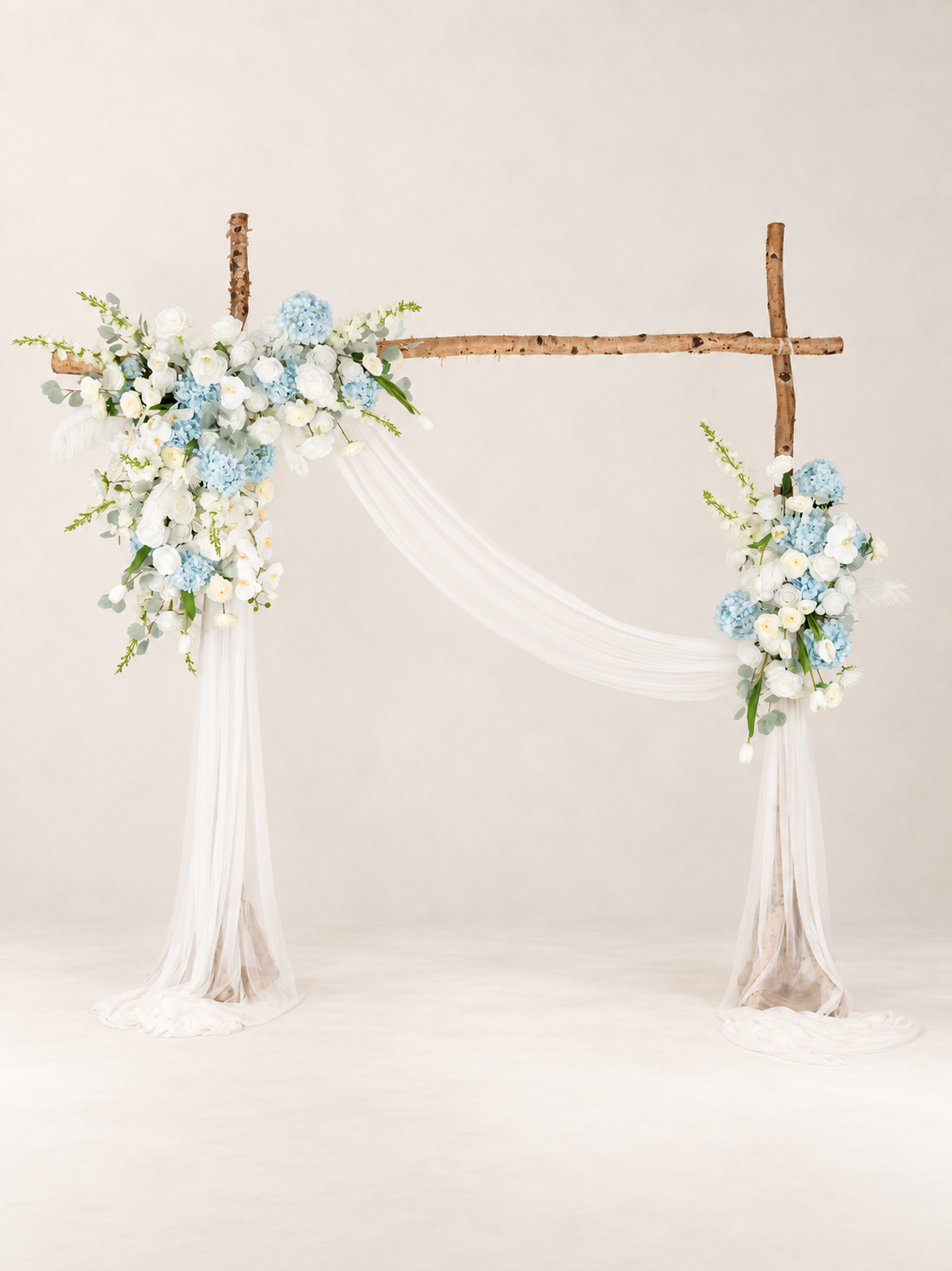 Romantic Roses, Hydrangea, Delphinium &amp; Phalaenopsis Floral Arch with Draping for Wedding Ceremony and Backdrop Decor in Baby Blue &amp; Ivory | Serena(Stand not included)