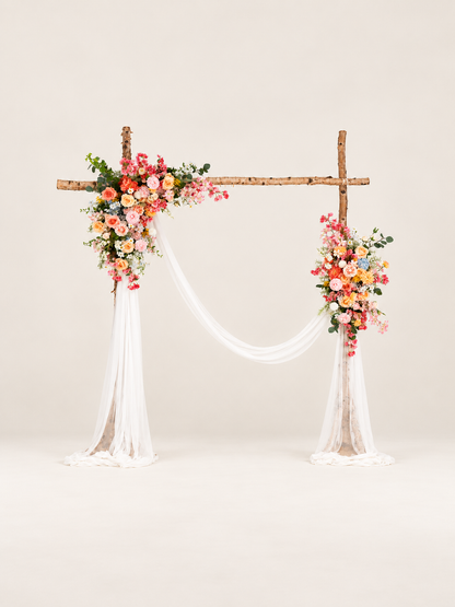 Romantic Bougainvillea, Dahlias, Coral Charm Peonies &amp; Garden Roses Floral Arch with Draping for Wedding Ceremony and Backdrop Decor in Coral &amp; Pink | Grace