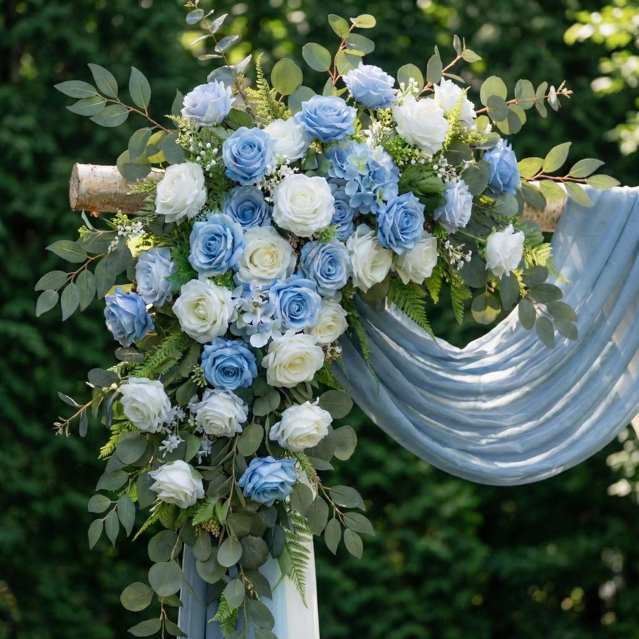 Dusty Blue Rose Floral Wedding Arch Flowers Kit with Drapes for Ceremony Backdrop