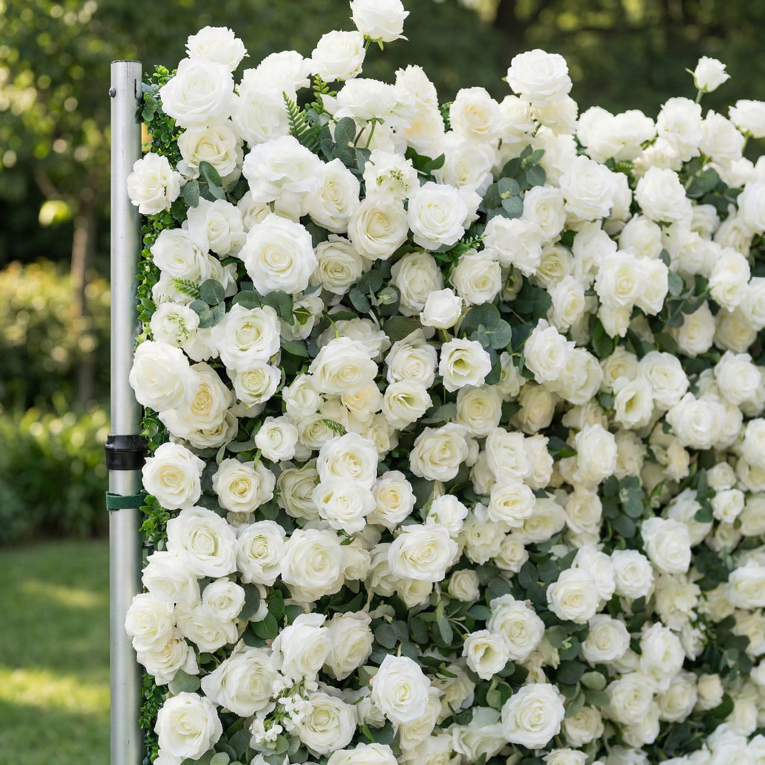Sylas: 5D Luxury White Rose &amp; Forest Foliage Silk Floral Wall Roll-Up Fabric Backdrop for Elegant Garden Weddings &amp; Receptions