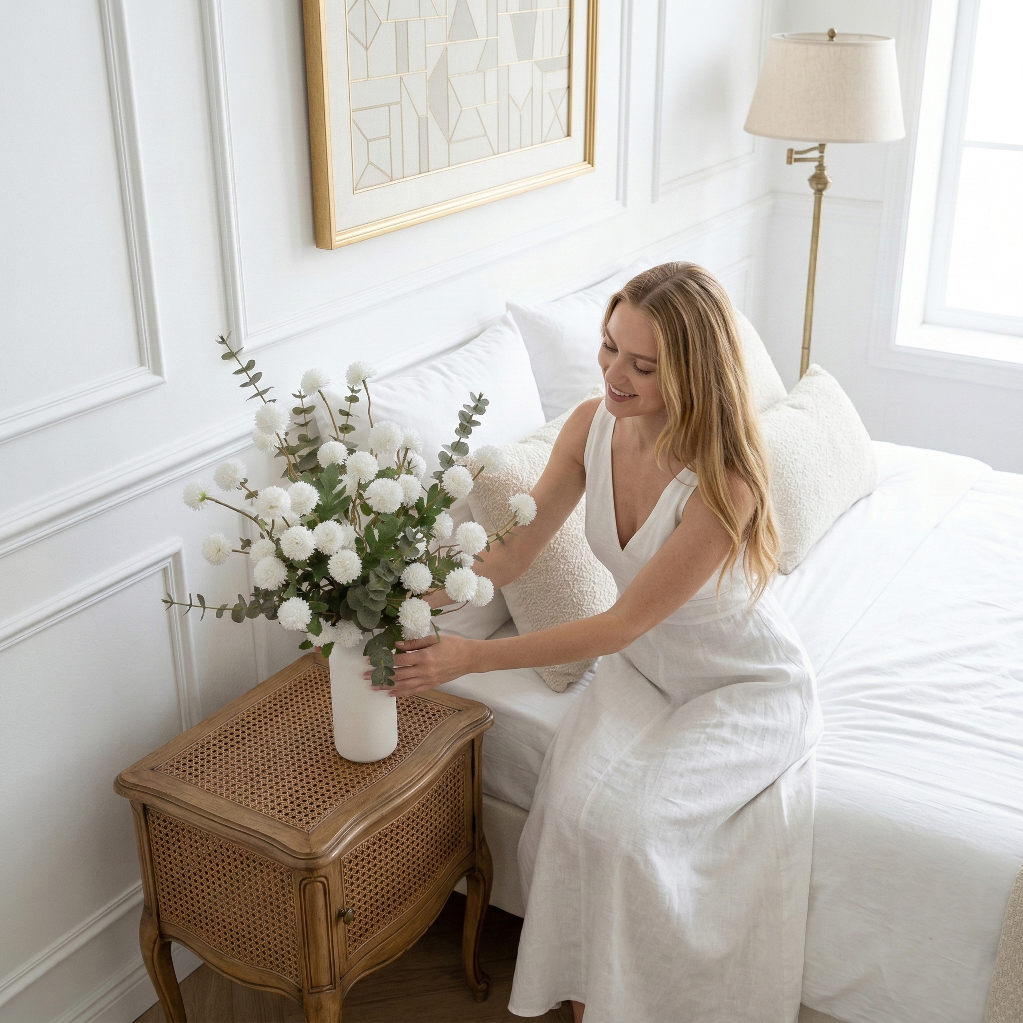 Potfloral Fake Kiku Flowers for-Spring Faux Floral for Home Decor Table Centerpieces(White)