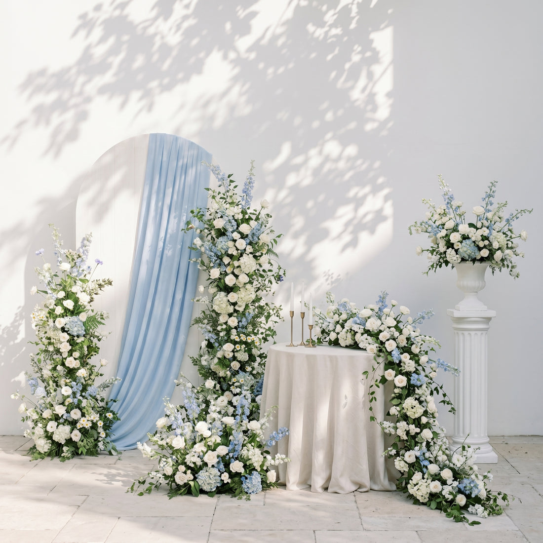 Sky Blue &amp; Ivory White Silk Wedding Full Floral Decor Set Arch Aisle Table Flower Arrangement for Romantic Weddings &amp; Proposals
