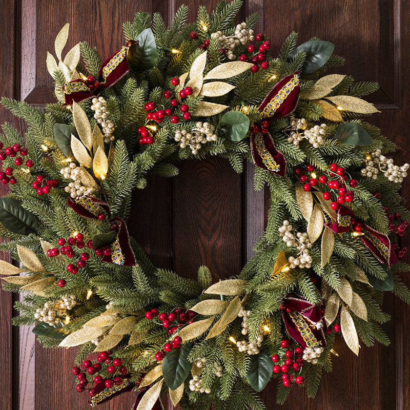 24 Inches Luxury Wreath with Gold Leaves, Red Berries and Warm Lights