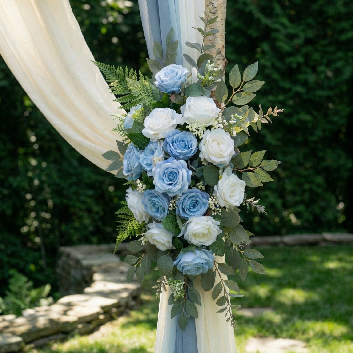 Dusty Blue Rose Floral Wedding Arch Flowers Kit with Drapes for Ceremony Backdrop