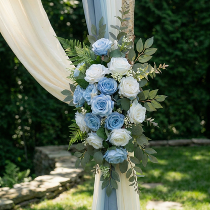 Dusty Blue Rose Floral Wedding Arch Flowers Kit with Drapes for Ceremony Backdrop