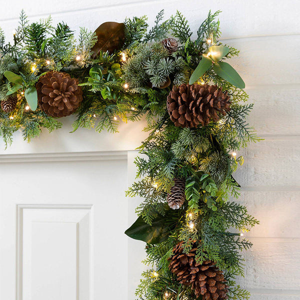 106 inches Luxury Greenery Christmas Garland with Pine Cones and Soft Lights