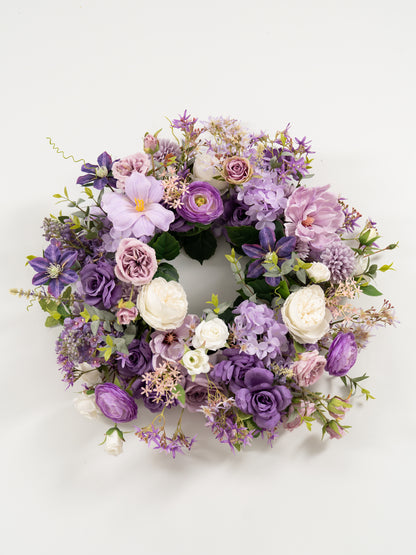 23.6″ Garden Roses Ranunculus Clematis Parvi Wreath for Wedding or Home Door in Violet Garden |Greta