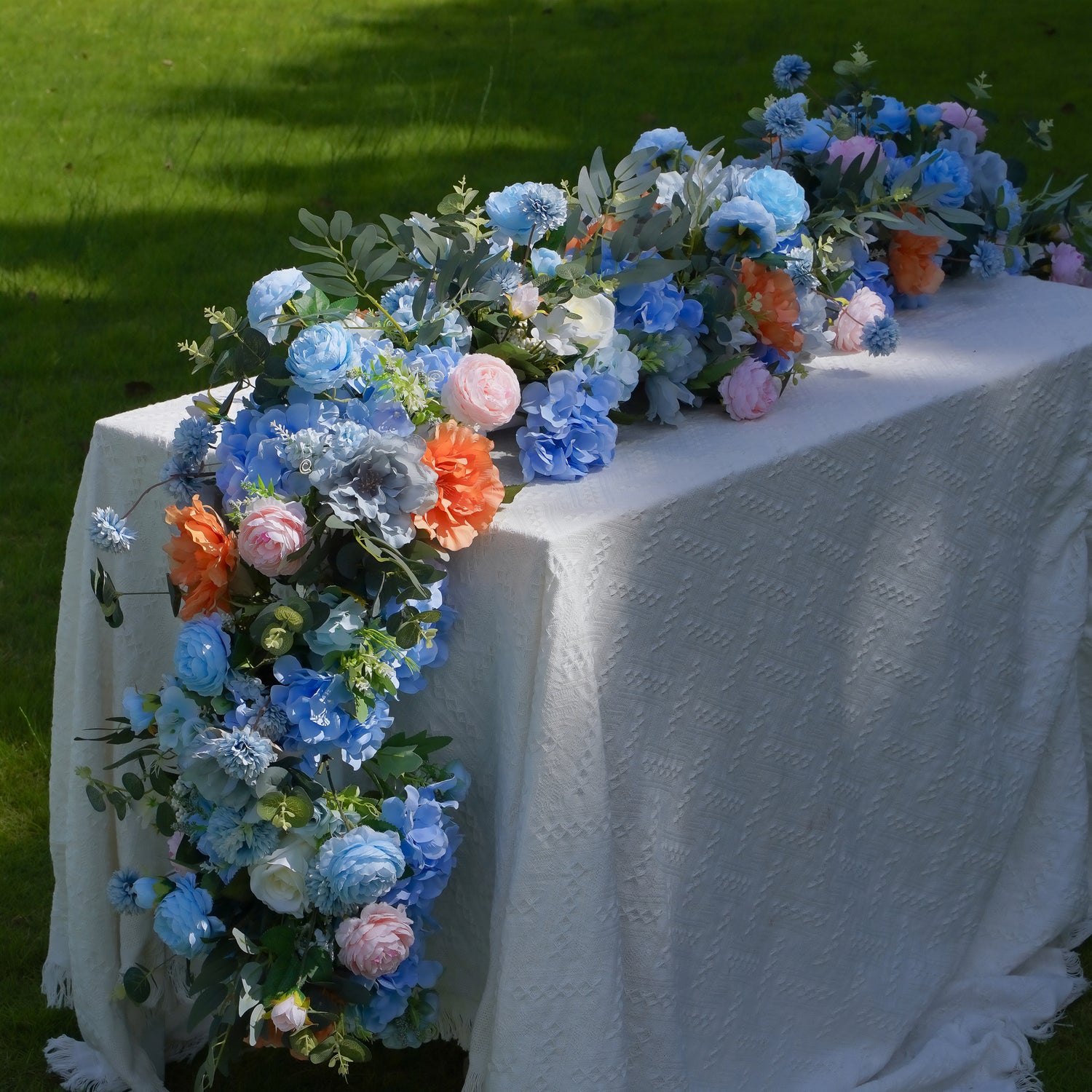 Sky Blue Hydrangea White Orchid Rose Wedding Backdrop(Excludes Frame)+Amo Long strip flower Runner