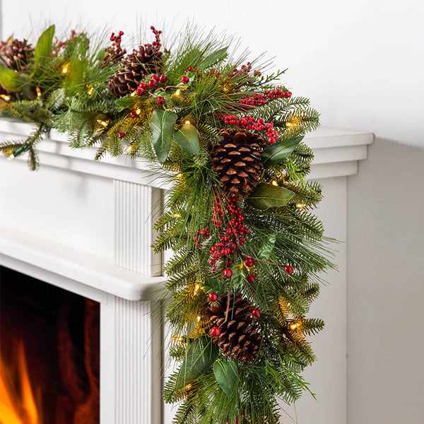106 Inches Evergreen Holiday Garland with Warm Lights for Staircase & Fireplace