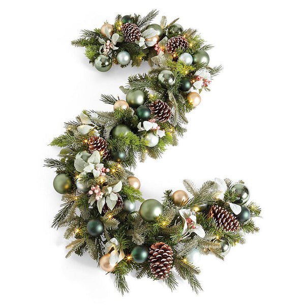 71 Inches S-Shaped Lighted Christmas Garland with Pine Cones and Ornaments
