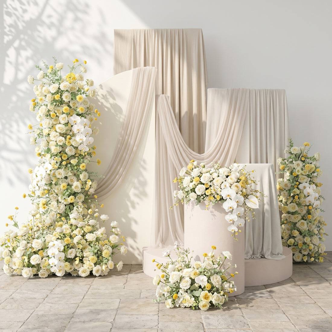 Cream Yellow &amp; Ivory White Silk Wedding Full Floral Decor Set Arch Aisle Table Flower Arrangement for Romantic Weddings &amp; Proposals