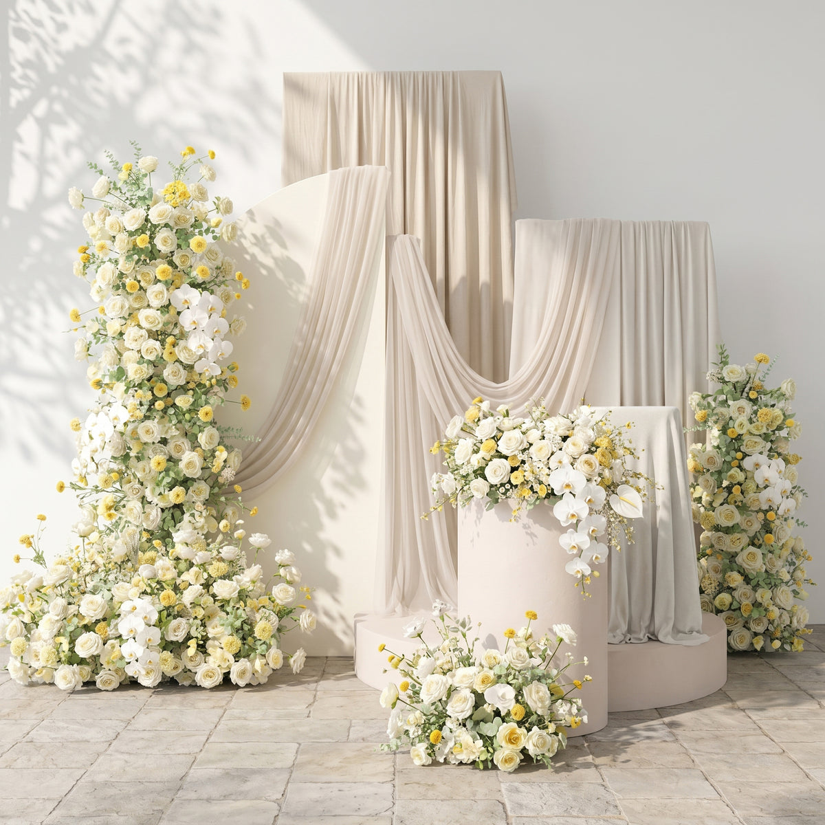 Cream Yellow & Ivory White Silk Wedding Full Floral Decor Set Arch Aisle Table Flower Arrangement for Romantic Weddings & Proposals