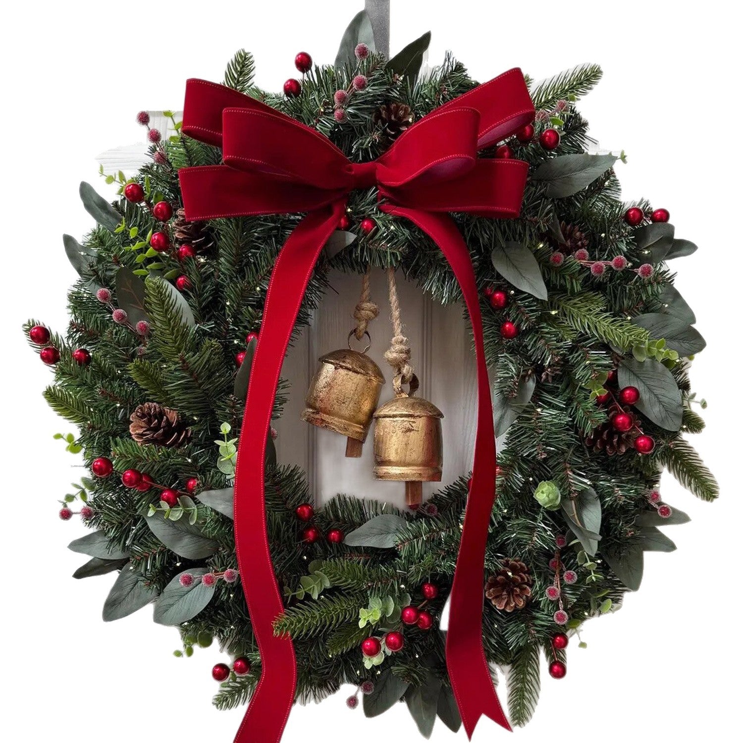 2025 Classic Red Bow Christmas Wreath with Bells, Berries and Greenery