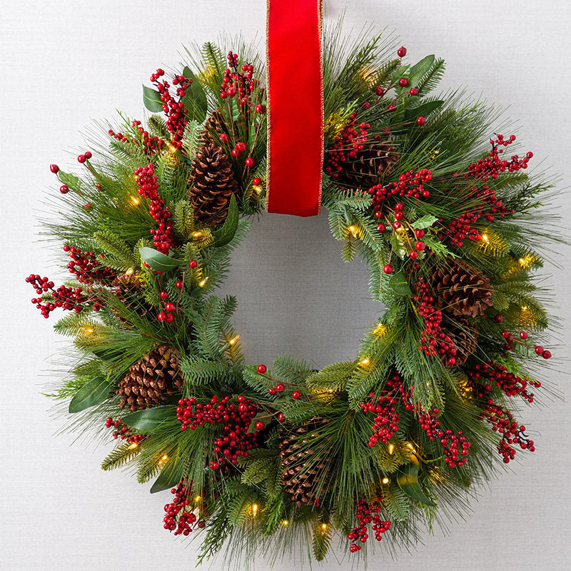 24Inch Lighted Christmas Wreath with Red Berries, Pine Cones &amp; Hanging Ribbon
