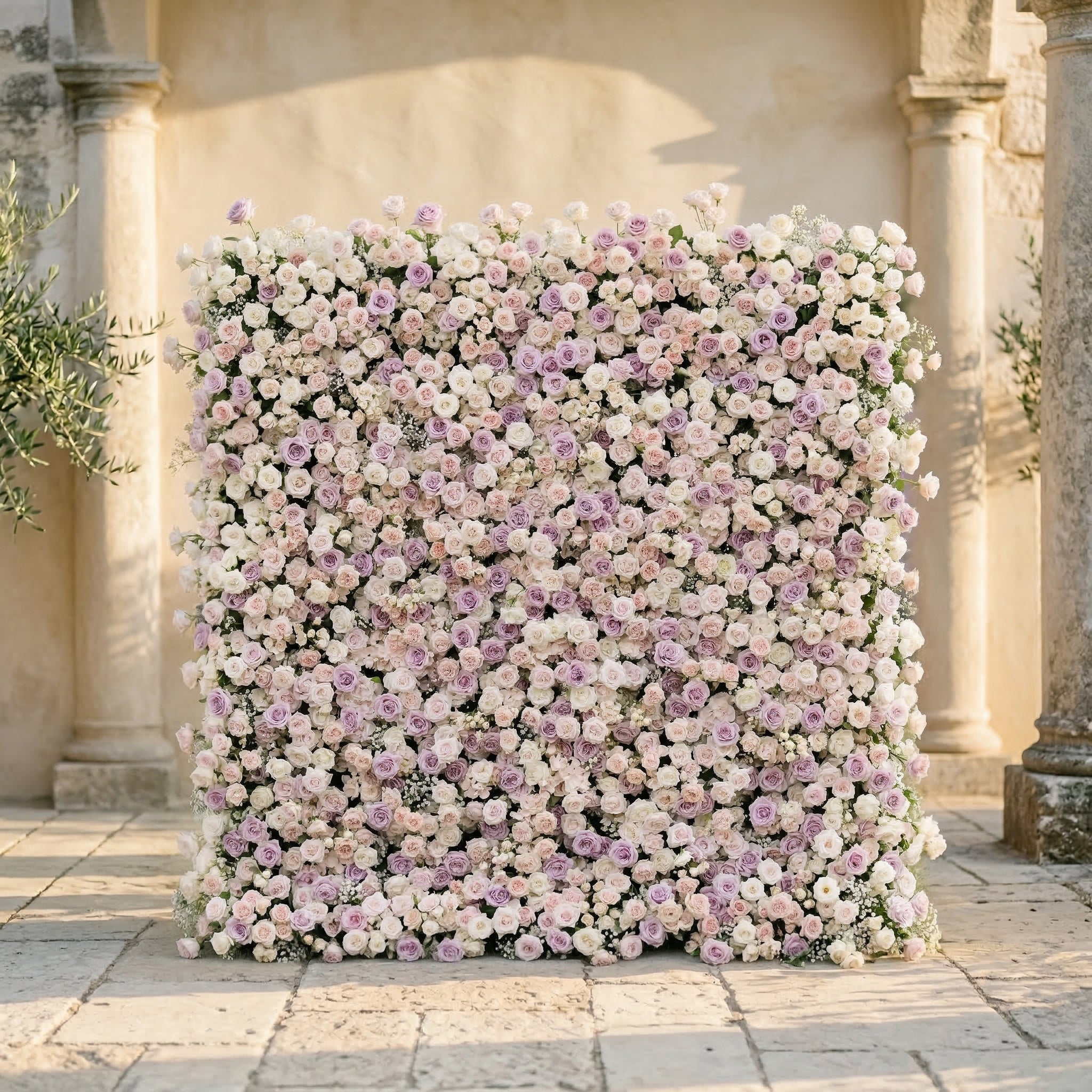 Alirae: 5D Sweet Lilac &amp; Cream Silk Rose Flower Wall Roll-Up Fabric Backdrop for Elegant Anniversary &amp; Event Decor