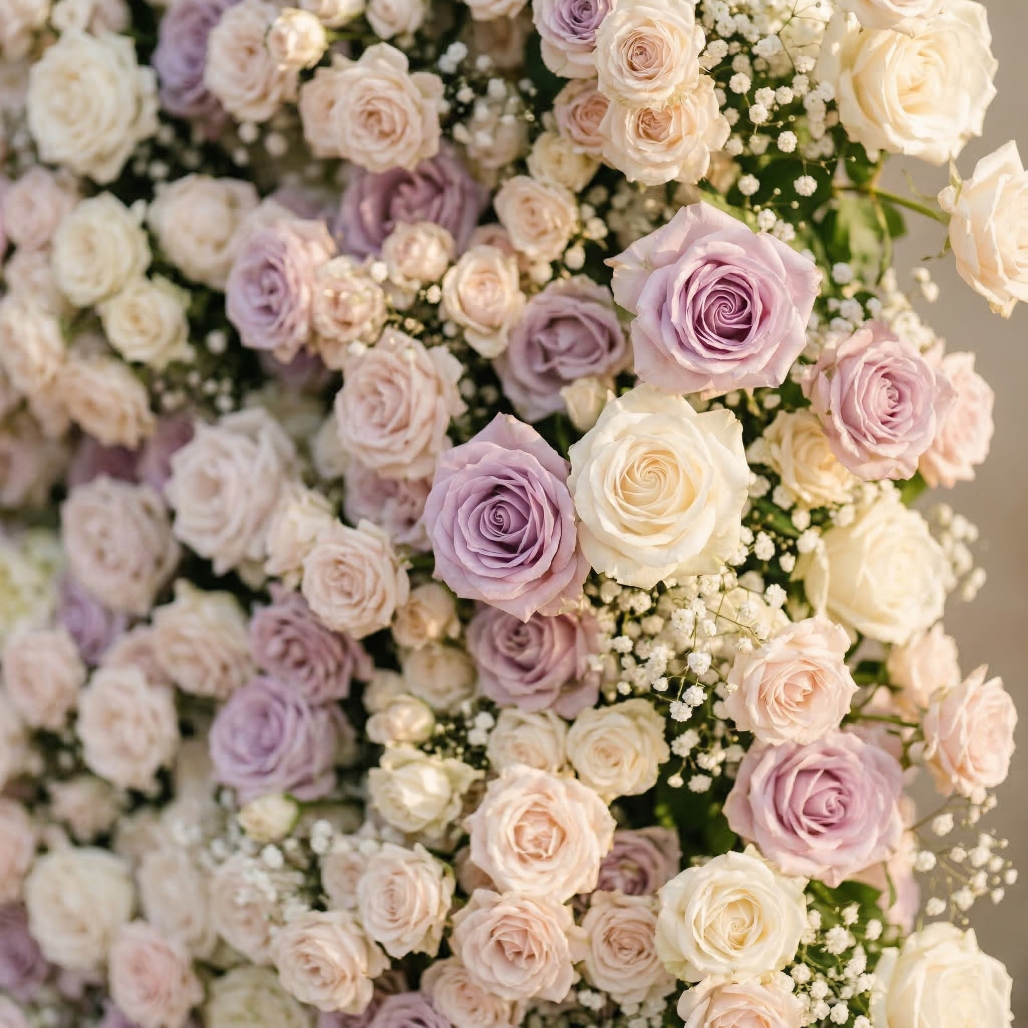Alirae: 5D Sweet Lilac &amp; Cream Silk Rose Flower Wall Roll-Up Fabric Backdrop for Elegant Anniversary &amp; Event Decor